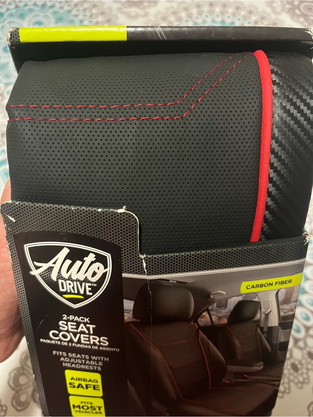 Auto Drive Carbon Fiber Black Seat Covers with Red Trim - 2-Pack - Picture 3 of 5